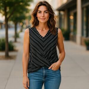 Soma Women's Draped Twist Front Tank Black White Braided Stripe Size XXL